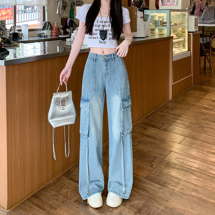 Figure-Flattering Blue High-Waist Straight-Leg Denim Pants with Large Pockets
