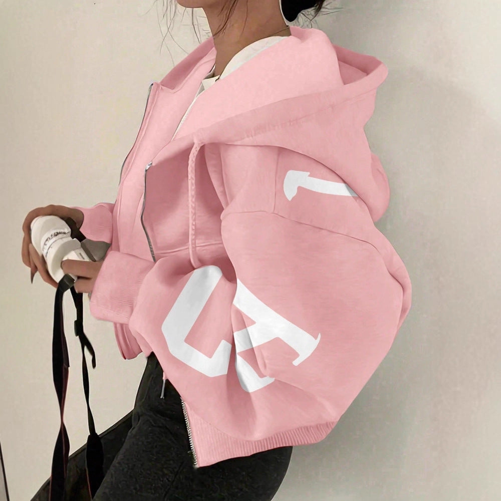 Women’s Long-Sleeve Zip-Up Casual Sweatshirt with Printed Design