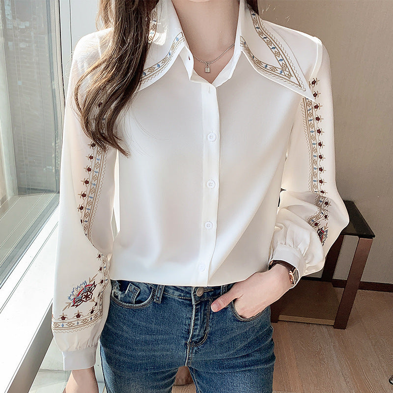 White Loose style Temperament Blouse, Women's Embroidered
