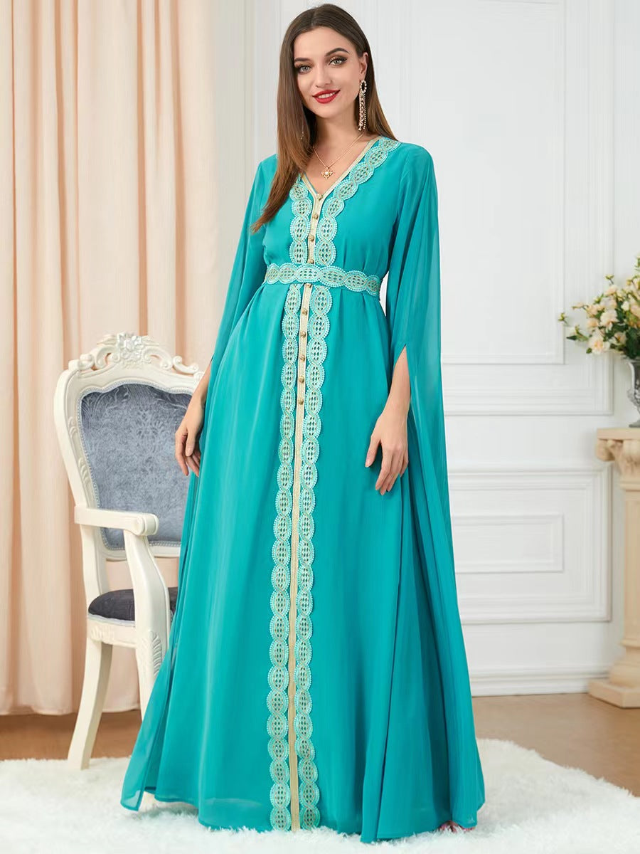 Robe de soirée élégante à col en V ethnique avec épissure en rose, vert et violet