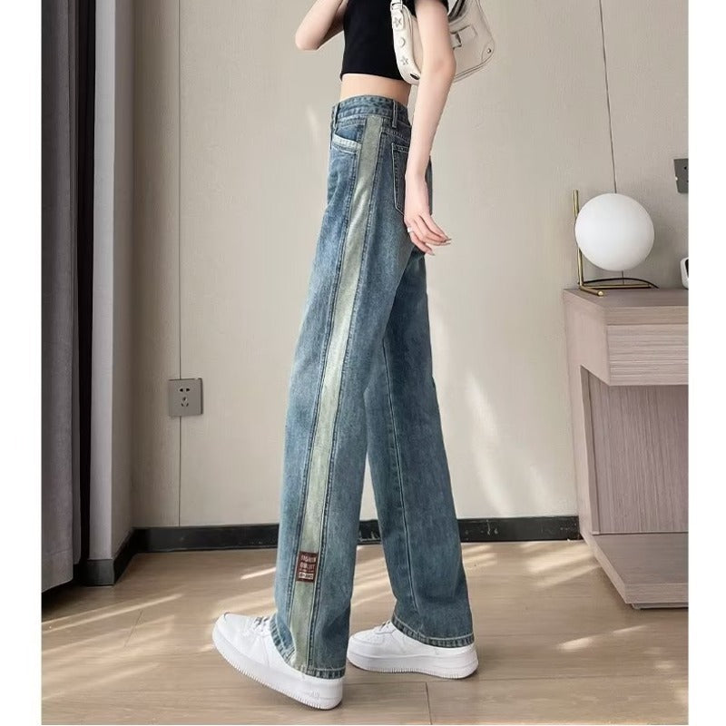 Jeans d'été en coton bleu coupe droite amples style rétro pour femme