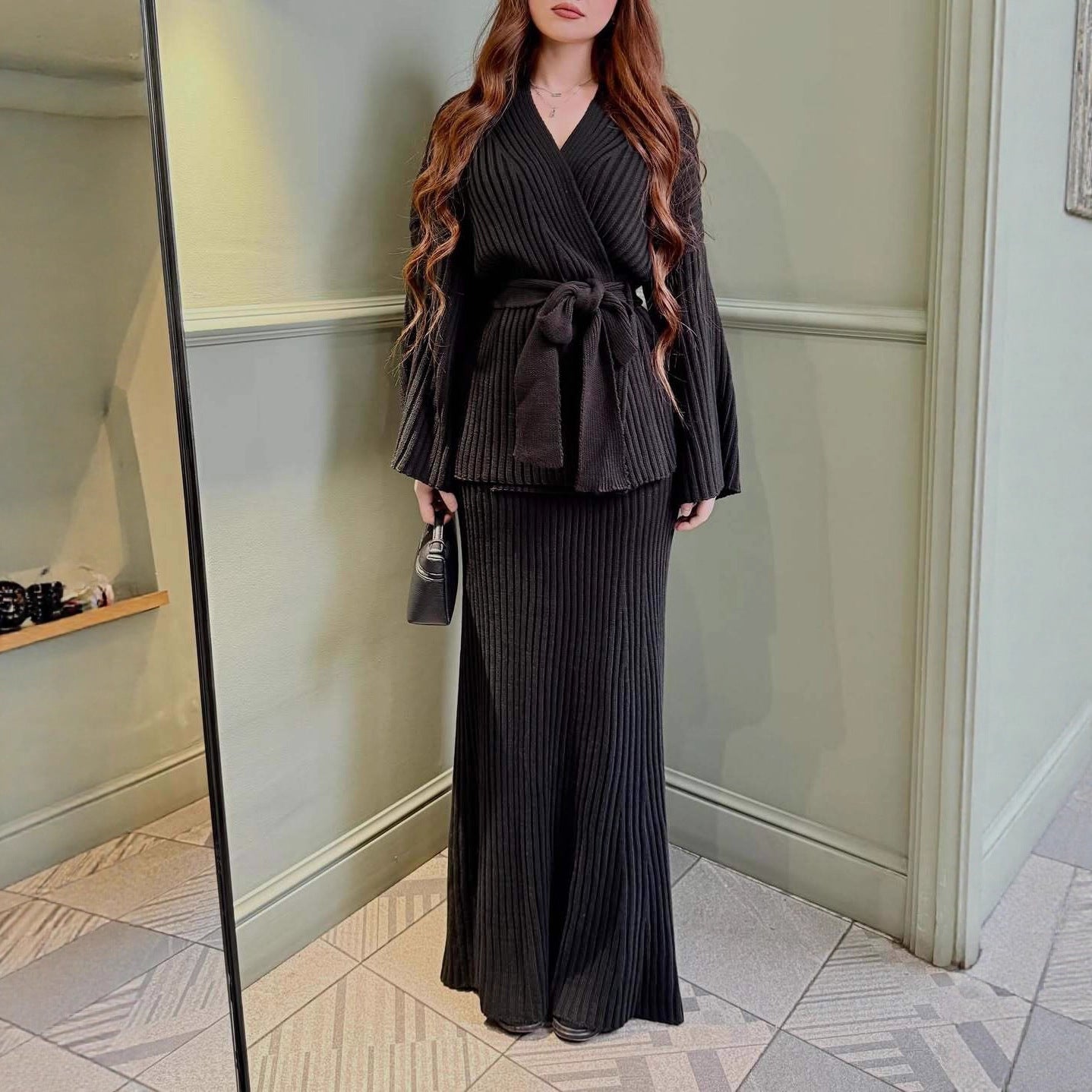 V-Neck Ribbed Sweater Knit Wrap Dress with Straight Skirt & Bow Tie