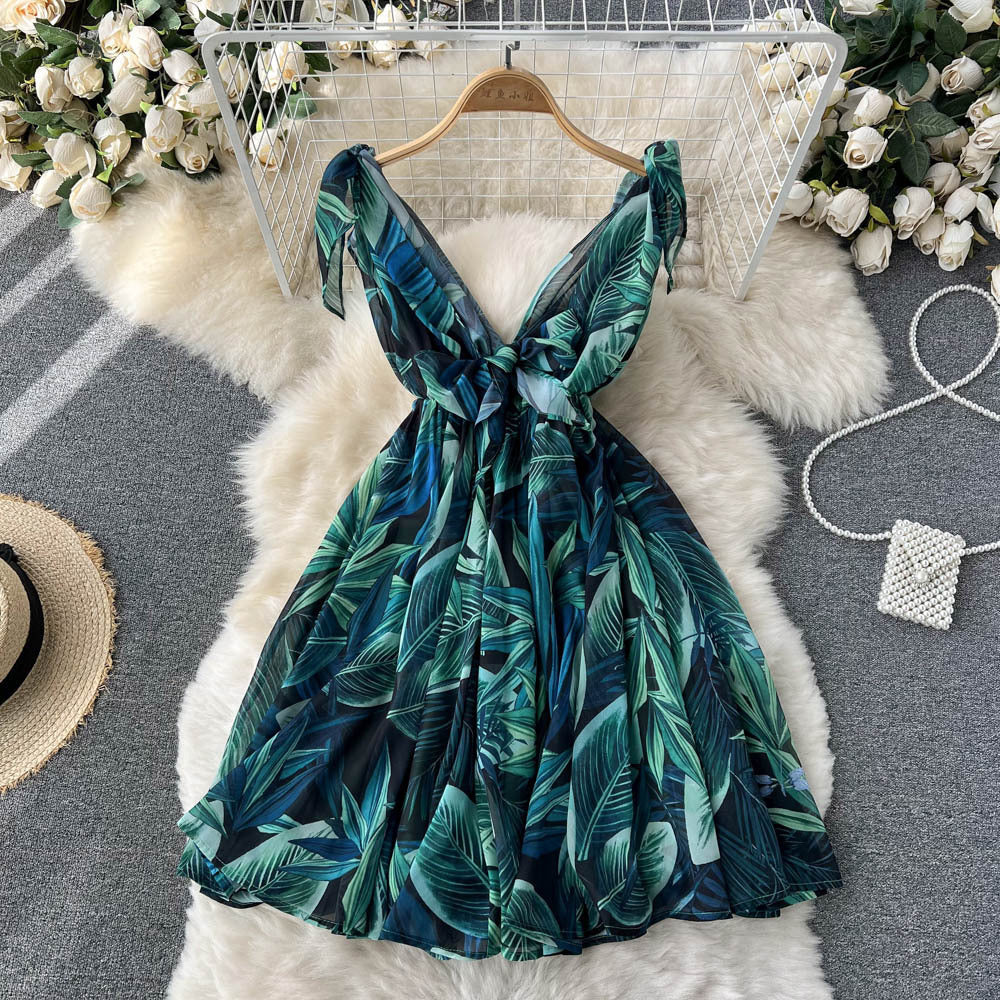 Lace-Up Printed Chiffon Beach Dress for Women