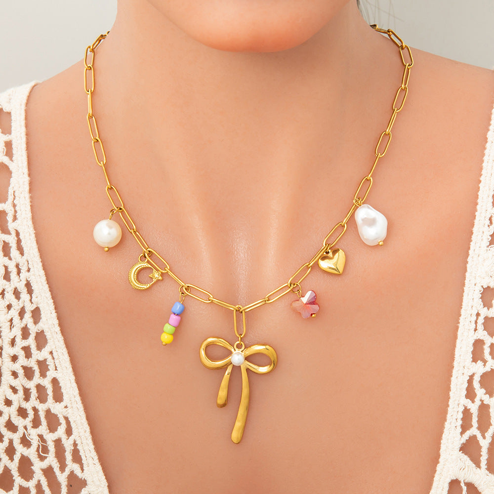Collier de perles fait main en acier inoxydable 18 carats pour femme