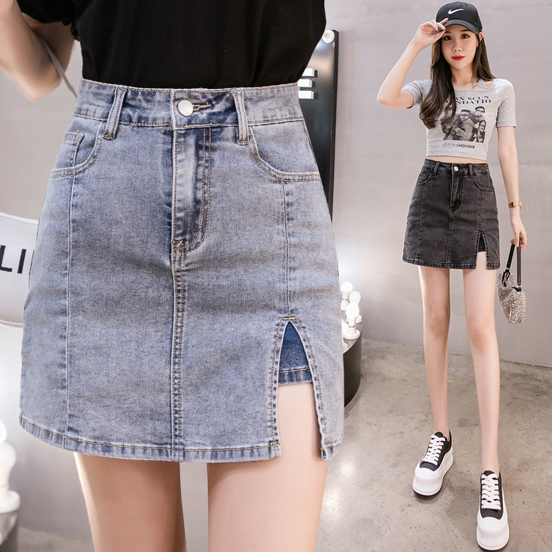 High Waist Slit Anti-exposure Denim Skirt A- Line Sheath Skirt