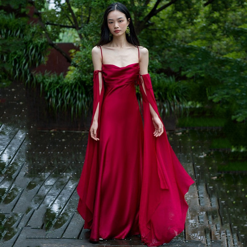 Robe de mariée de luxe en satin acétate rouge vin pour femme
