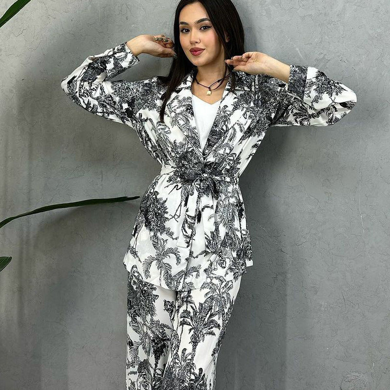 European And American Digital Printing Suit Women's Long Sleeve Loose Lace-up Casual Two-piece Suit