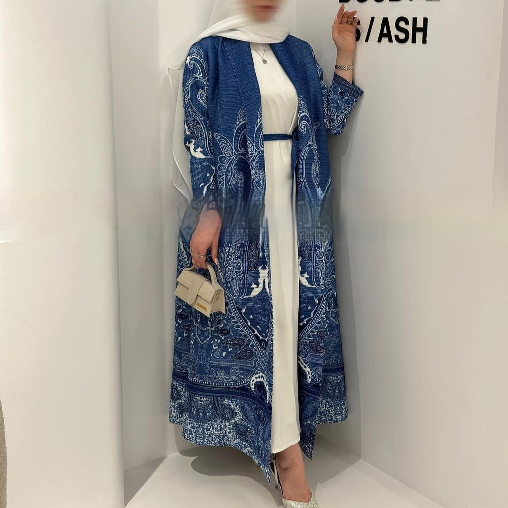 Pleated Trench Djellaba Printed Shawl Cardigan Ethnic Cloak Coat for Middle East Women