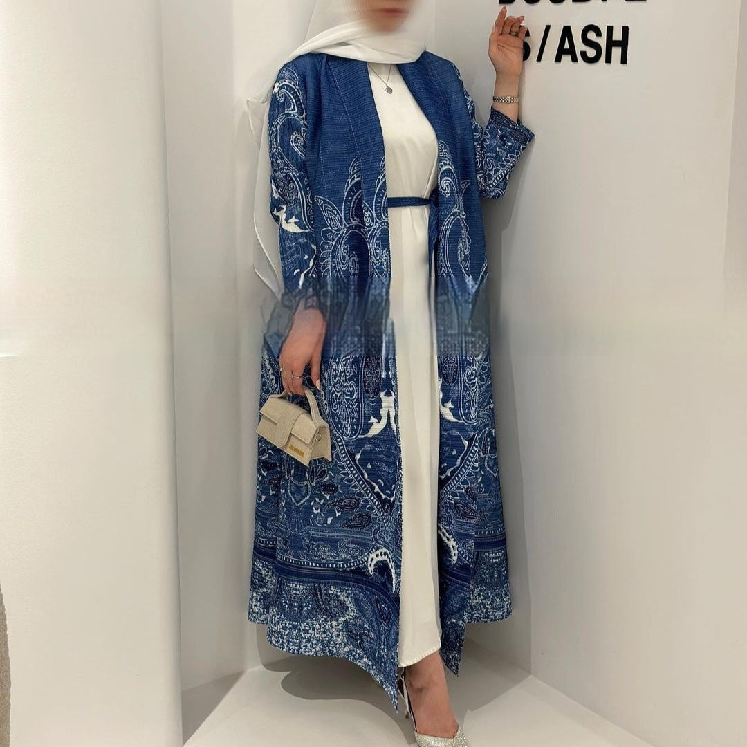 Pleated Trench Djellaba Printed Shawl Cardigan Ethnic Cloak Coat for Middle East Women