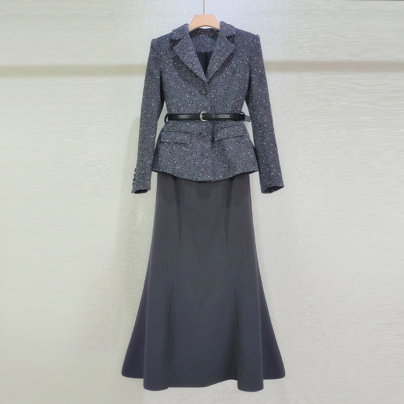 Waist-Tight Lapel Patchwork Two-Piece Dress Set