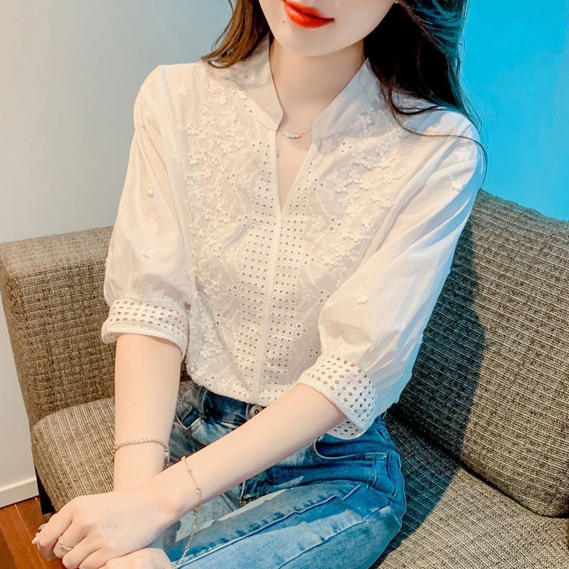Hollow Out Embroidered Stand Collar Cotton Shirt with Lantern Sleeves