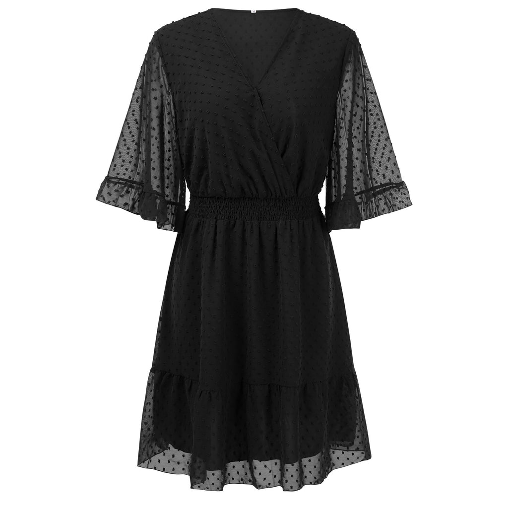 Summer V-Neck Polka Dot Chiffon Dress for Women in Solid Colors