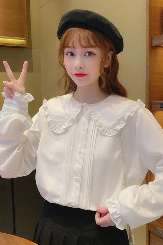 Jk Uniform Sweet Doll Collar Long Sleeve Top White Apricot One Size