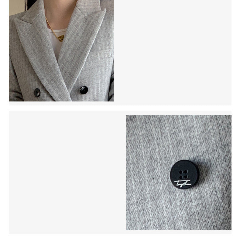 Women's Gray White Striped Wool Suit Coat with Wide Leg Trousers