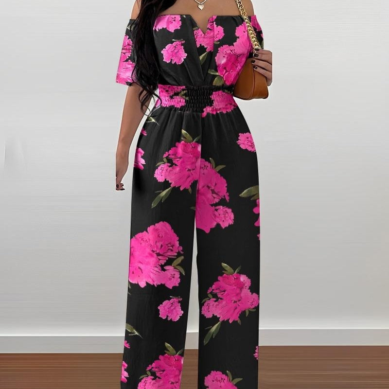 Women's Off-Neck Waist-Trimmed Loose Straight Jumpsuit