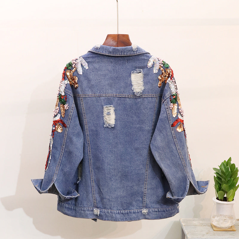 Loose Slimming Denim Jacket Women Embroidered Beaded Sequins Heavy Industry Blue