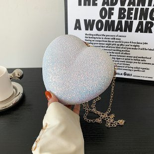 Women Bag Shiny Handbag Heart Shape Metal Clutches Bag Fashion