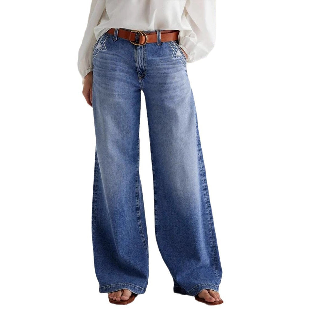 Blue Embroidered High Waist Elastic Straight Denim Pants