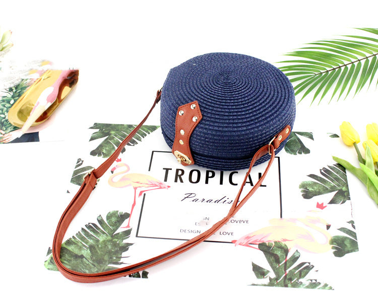 Retro Round Woven Straw Bucket Bag Medium Messenger Handbag