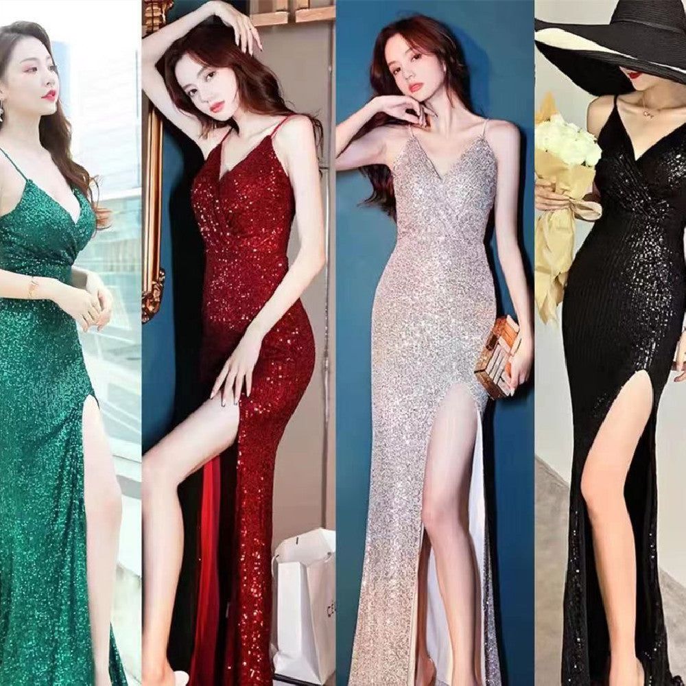 Women's Sequined Fishtail Split Dress in Green, Black, Wine Red & Champagne, Sizes S-XL