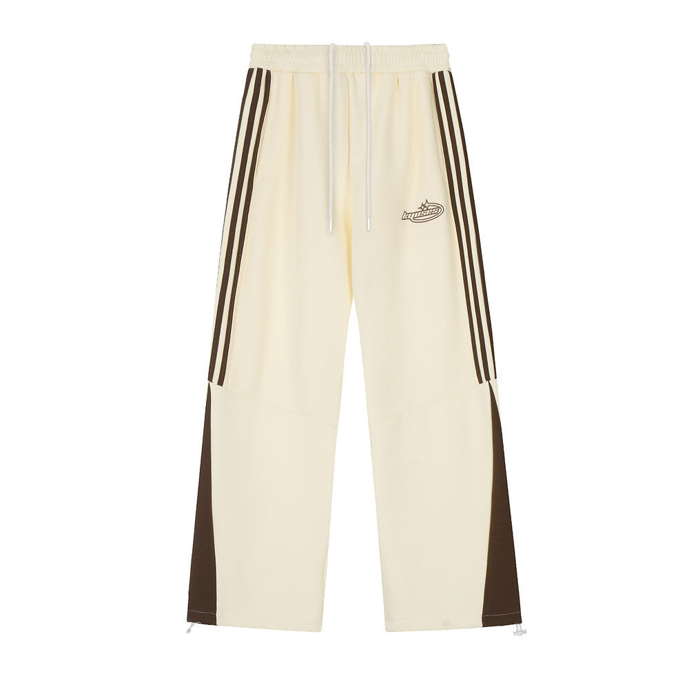 Side Stripe Color Matching Ribbon Three Bars Loose Straight Velvet Trousers