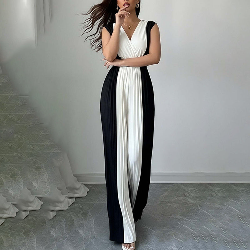 Women’s Elegant Sleeveless Printed V-Neck Wide-Leg Jumpsuit