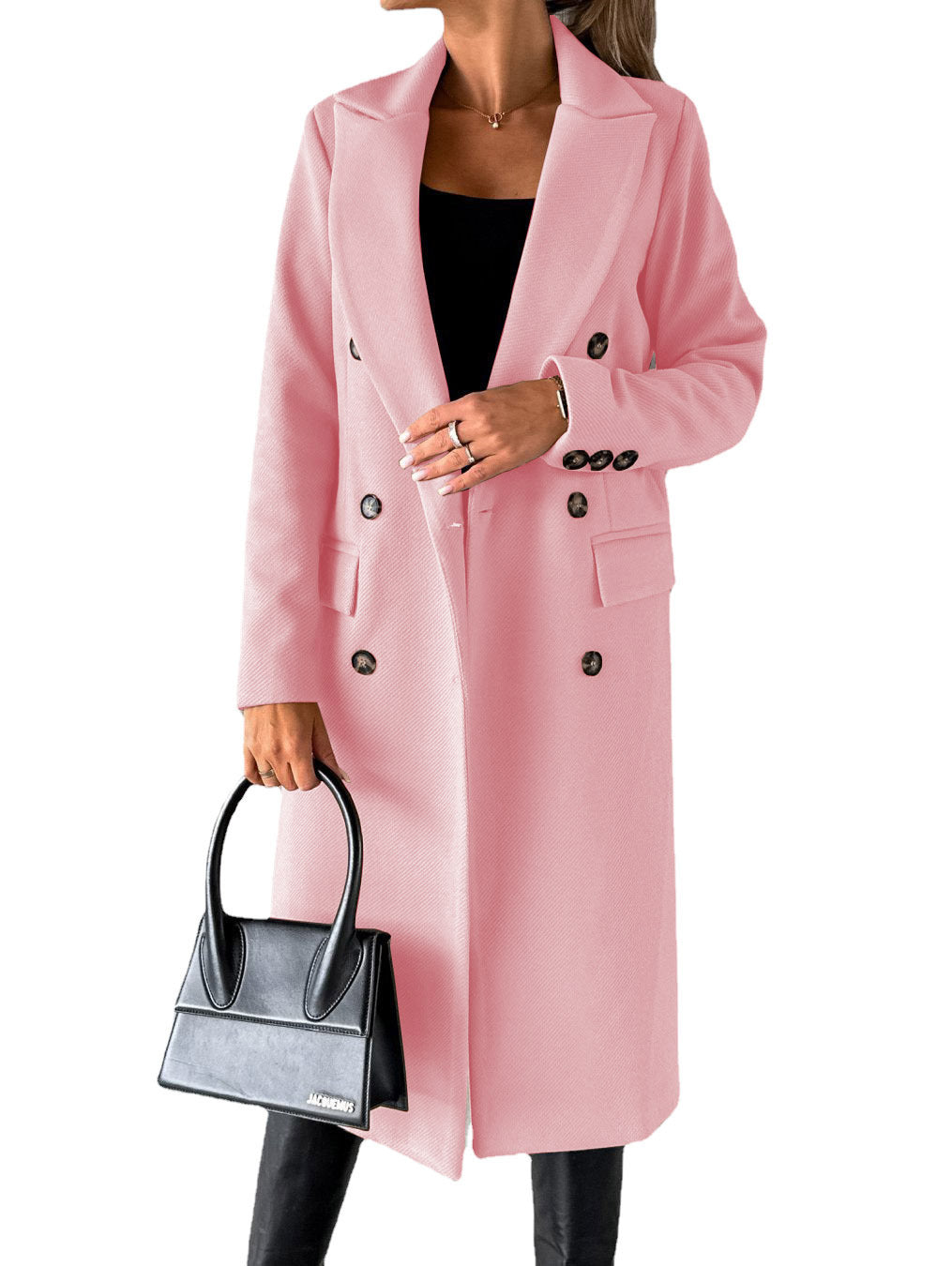Manteau long d'hiver ajusté à revers double boutonnage pour femme