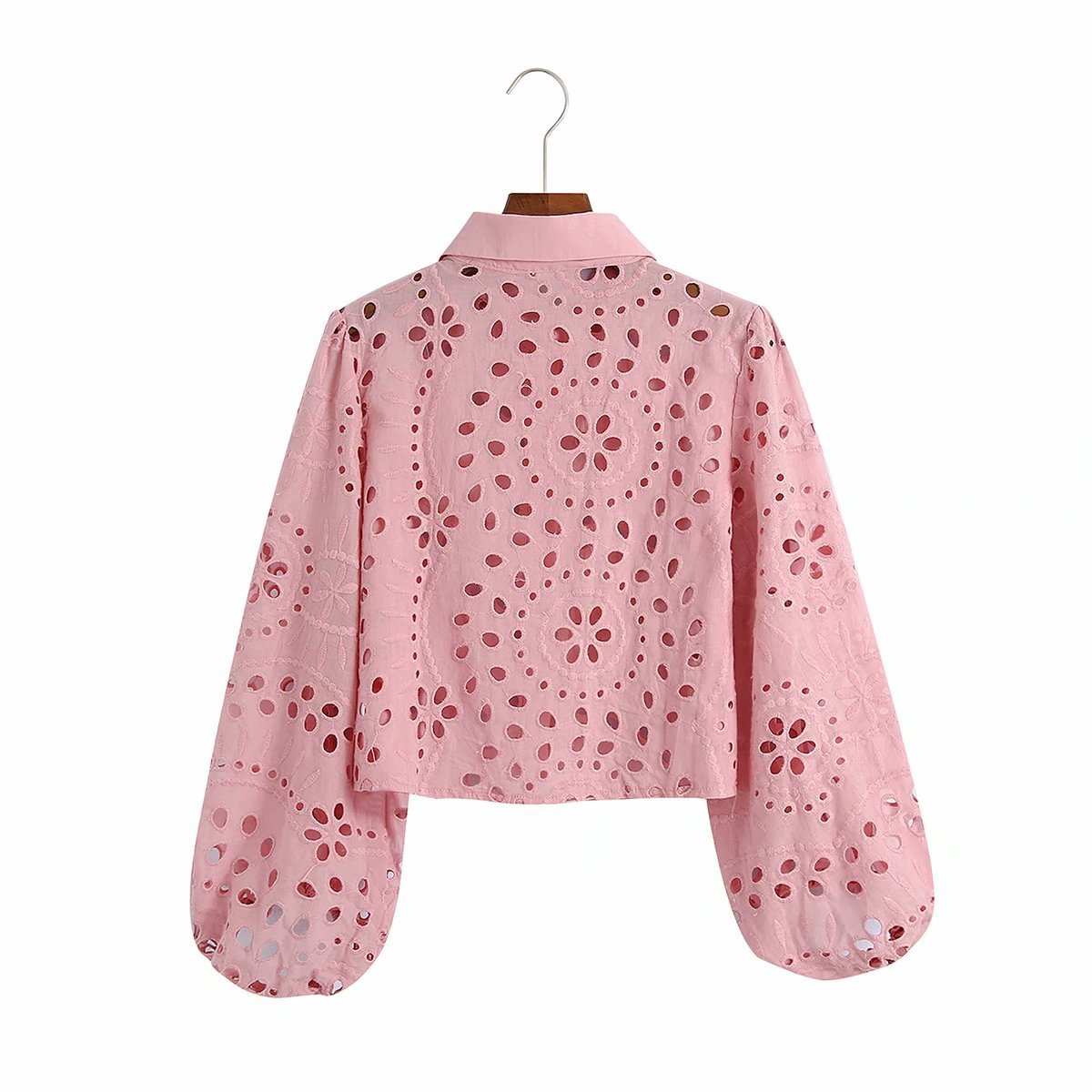 Women's Long-Sleeve Hollow Embroidered Cotton Shirt in Blue & Pink