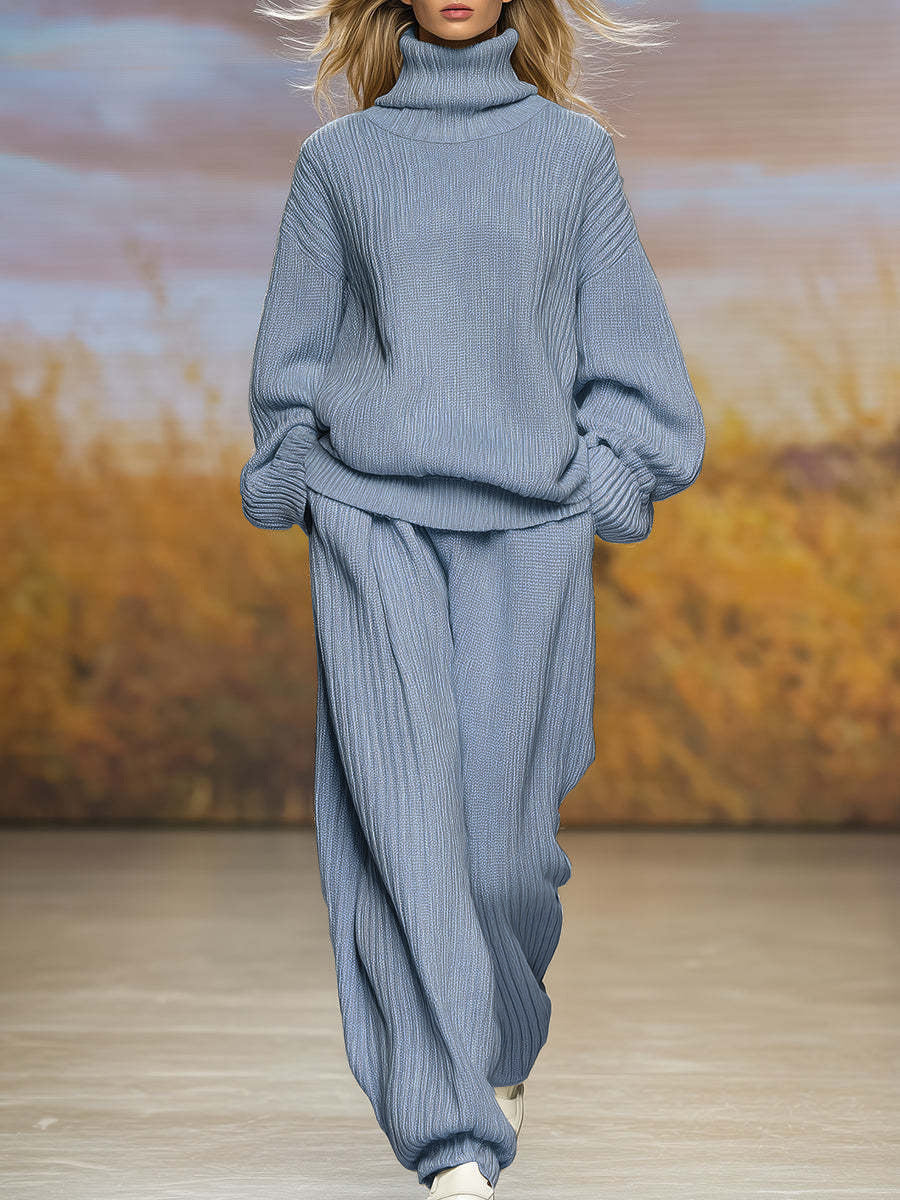 طقم من كنزة بياقة عالية فضفاضة محبوكة وبنطال واسع الساقين