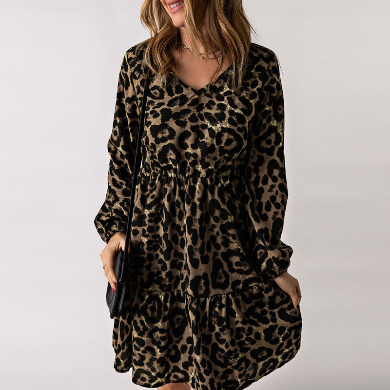 Leopard Print Long Sleeve Pullover Dress for Women