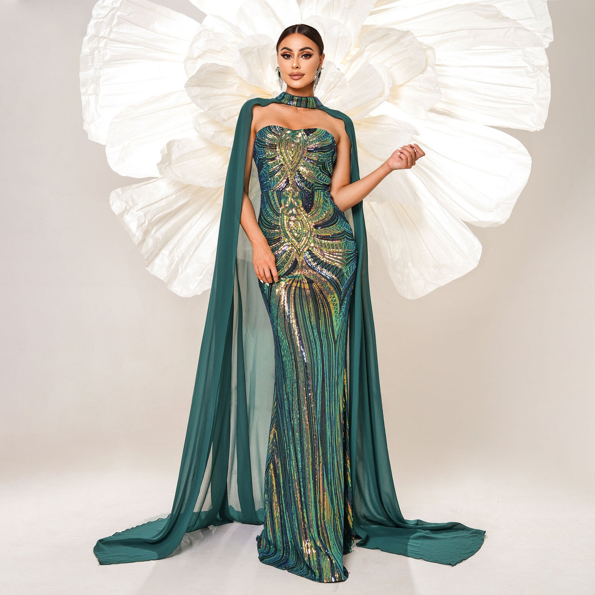 European & American Long Sleeve Round Neck Sequin Dress