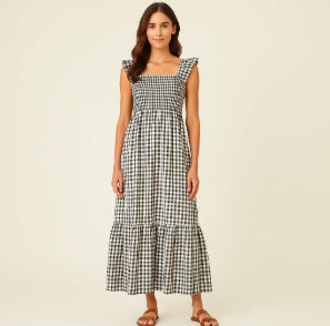 Robe de plage sans manches plissée à volants et motif à carreaux d'été pour femme