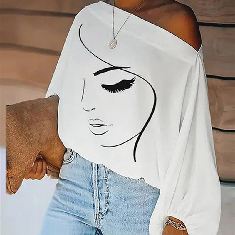 Summer Women's White Face Print Top with Princess Sleeves