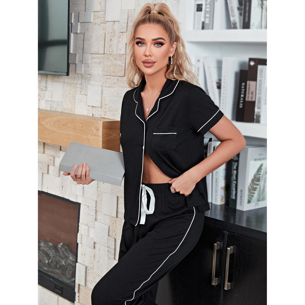 Women's Autumn Cardigan Pajama Set Short Sleeve Top & Long Pants