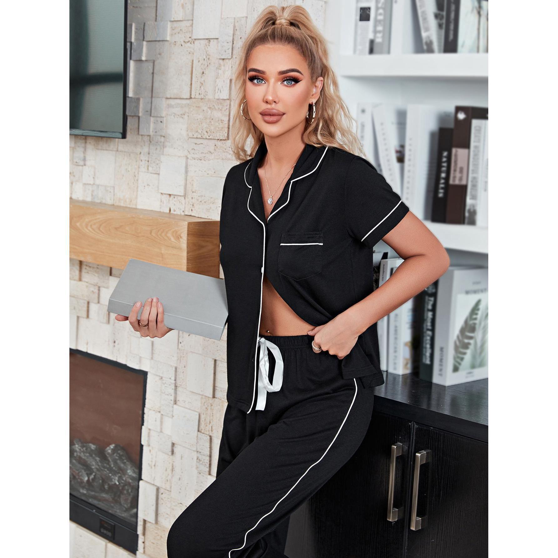 Women's Autumn Cardigan Pajama Set Short Sleeve Top & Long Pants
