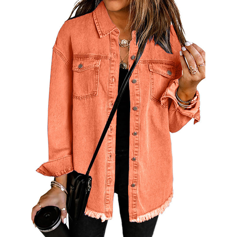 Denim Long Sleeve Lapel Top Women's Solid Color Single-breasted Mid-length