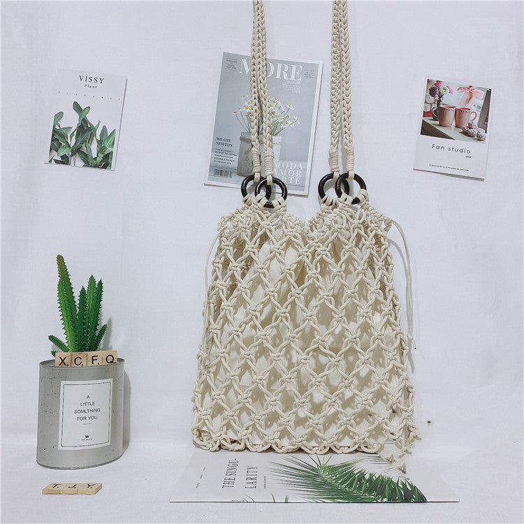 Women’s One Shoulder Straw Beach Bag with Drawstring Closure