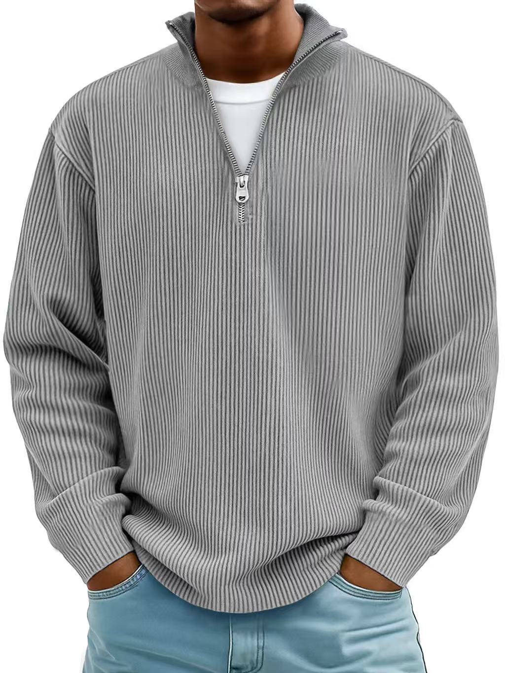 Casual Ribbed Stand Collar Corduroy Zipper Long Sleeve Pullover