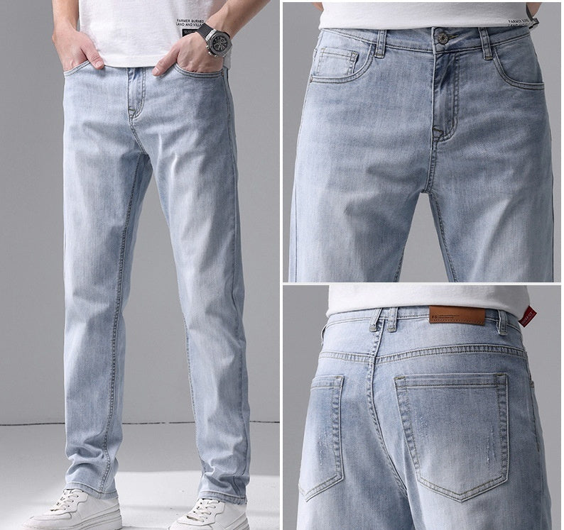 Men's Slim Fit Straight Jeans Mid Waist Cotton
