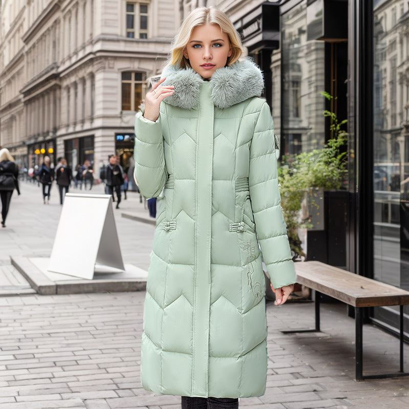 Winter Cotton-Padded Long Coat with Thick Fur Collar for Women