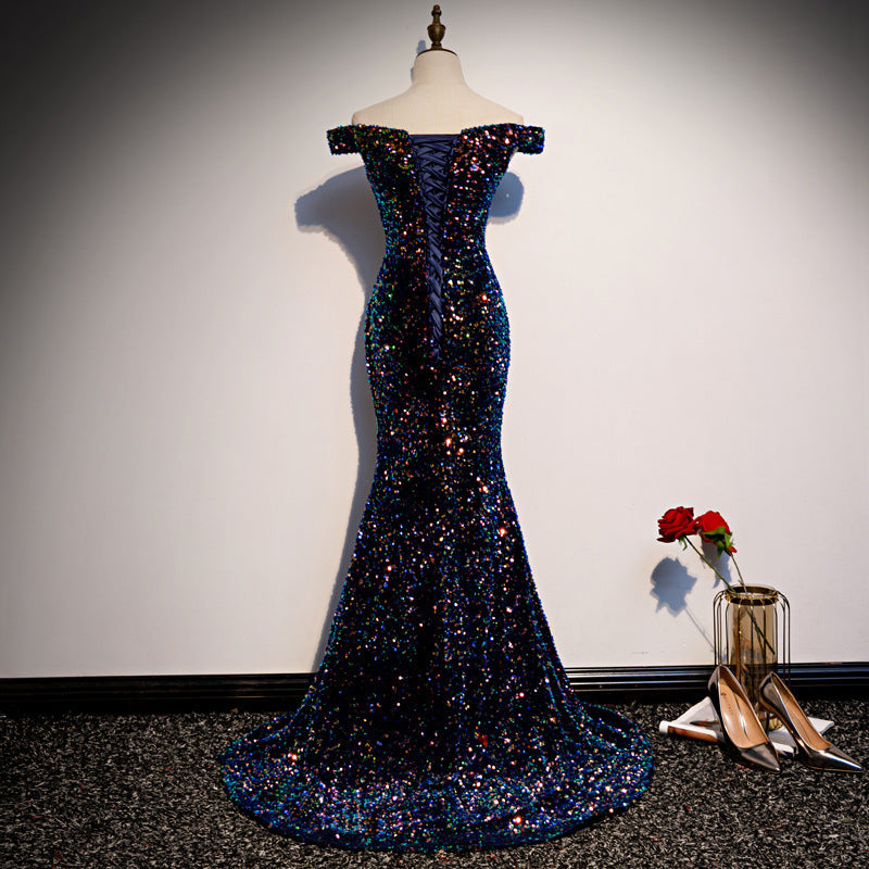 Navy Banquet Long Fishtail Sequined Dress with Trailing Skirt