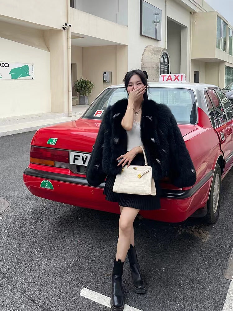 Whole Fox Fur Coat in Black, Pink & Apricot, Sizes S-XL