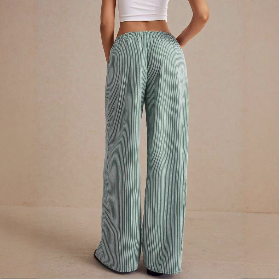 Women's Dark Green Loose Straight Trousers with Elastic Waist
