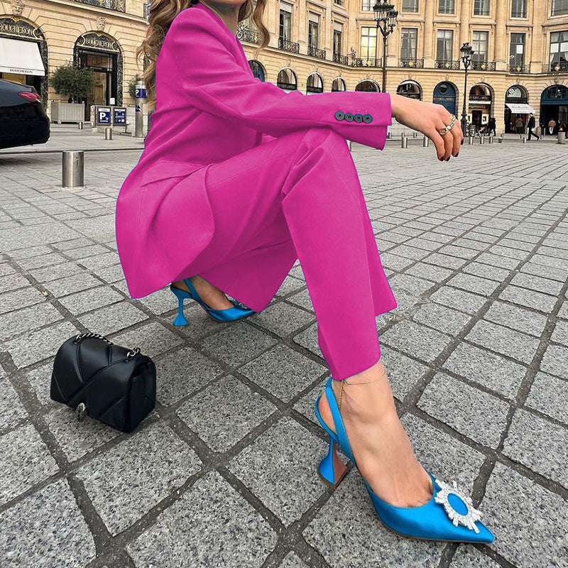 Ensemble blazer et pantalon décontracté de couleur unie pour femme