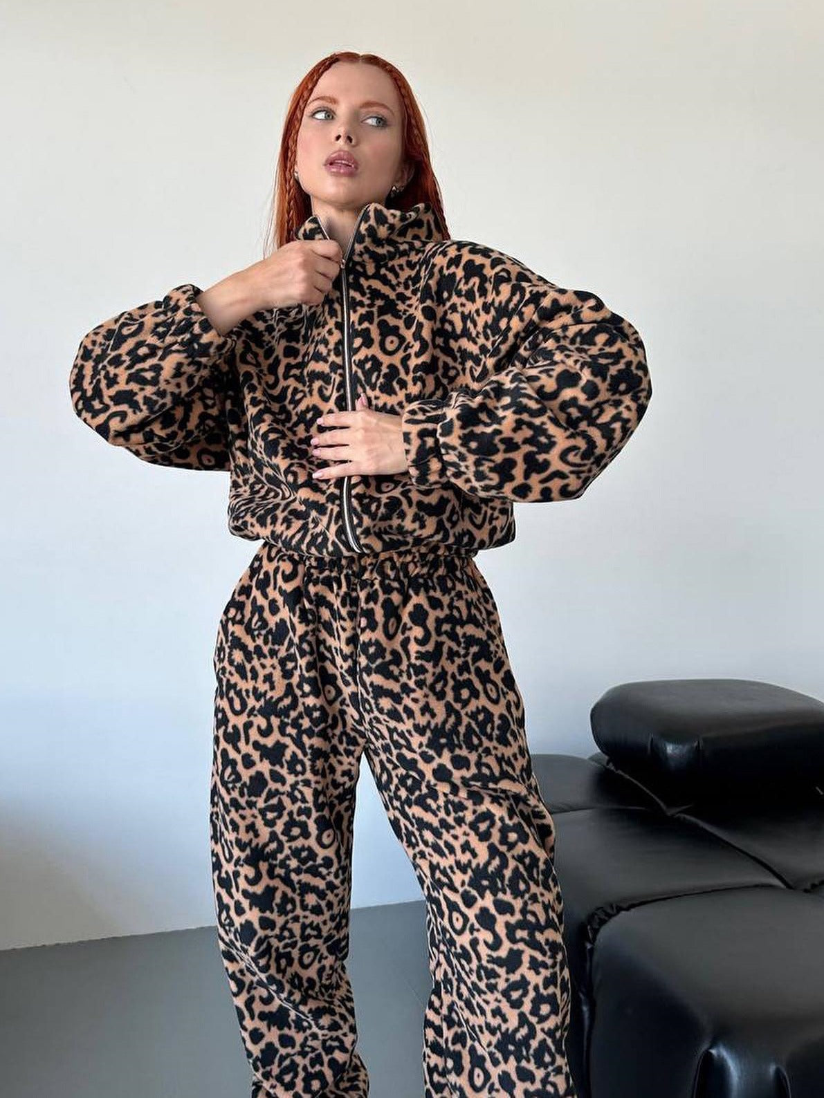 Ensemble de survêtement en coton ample avec fermeture éclair et imprimé léopard pour femme