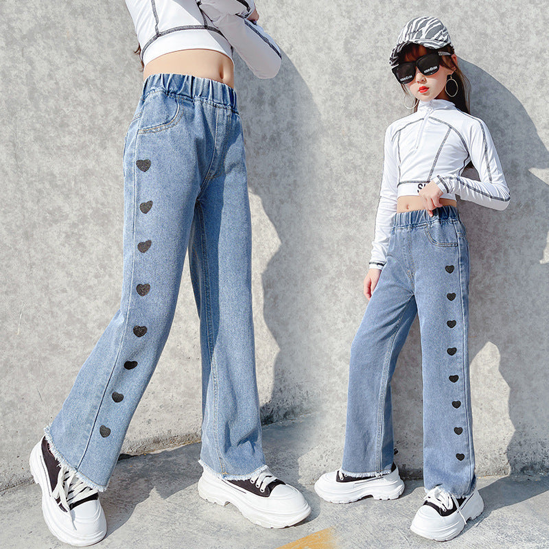 Girls Light Blue Denim Wide Leg Casual Pants