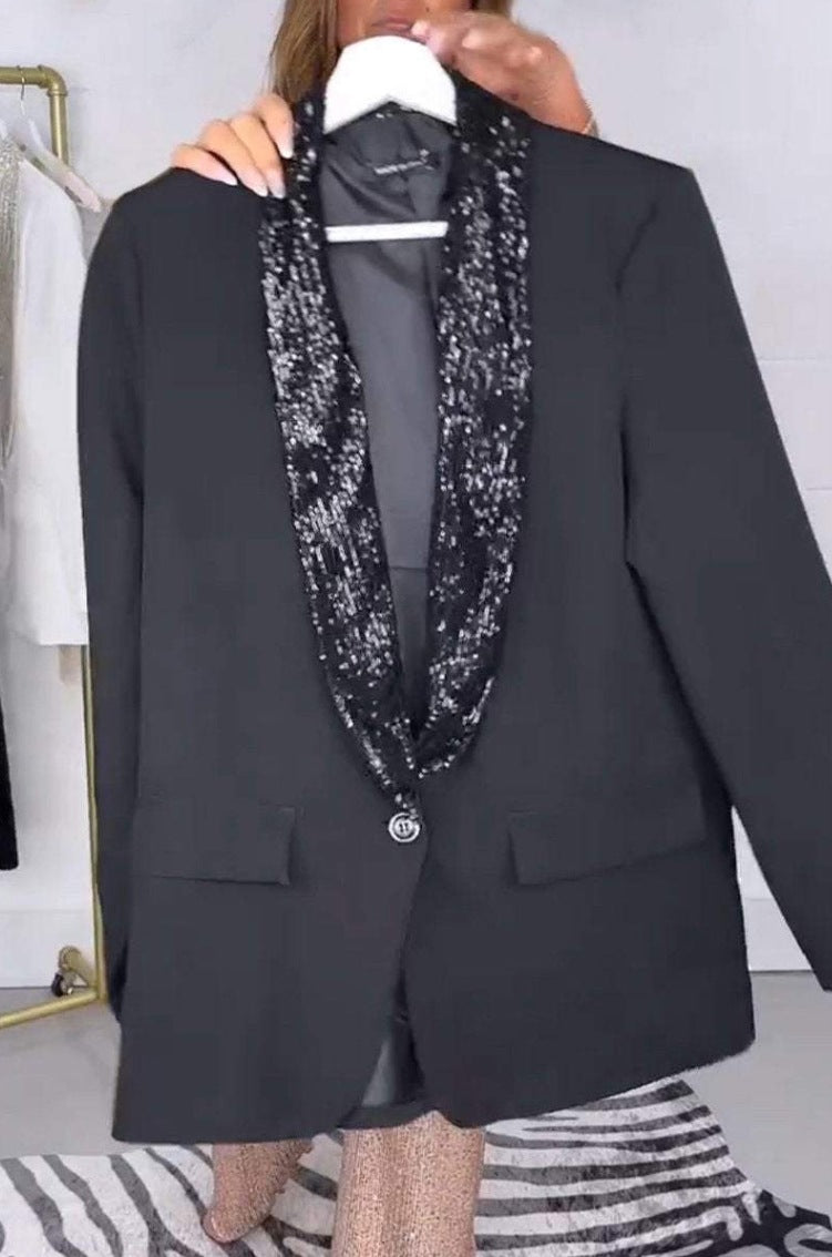 Ensemble de costume pour femme avec col en V, strass et paillettes, manches 3/4