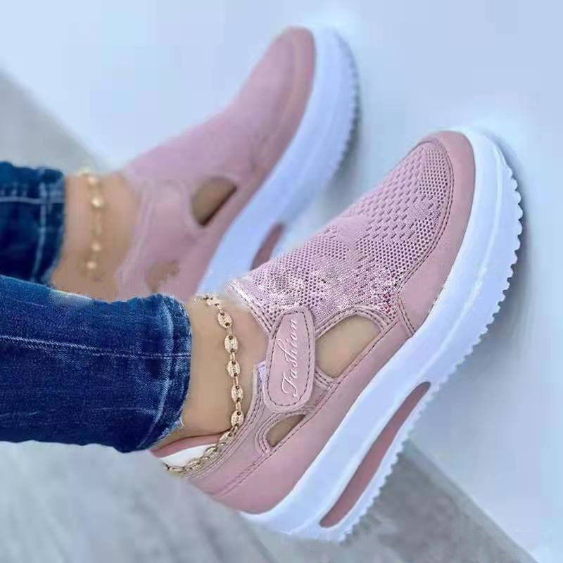 Chaussures décontractées respirantes à semelle épaisse et à scratch, color block, pour femme