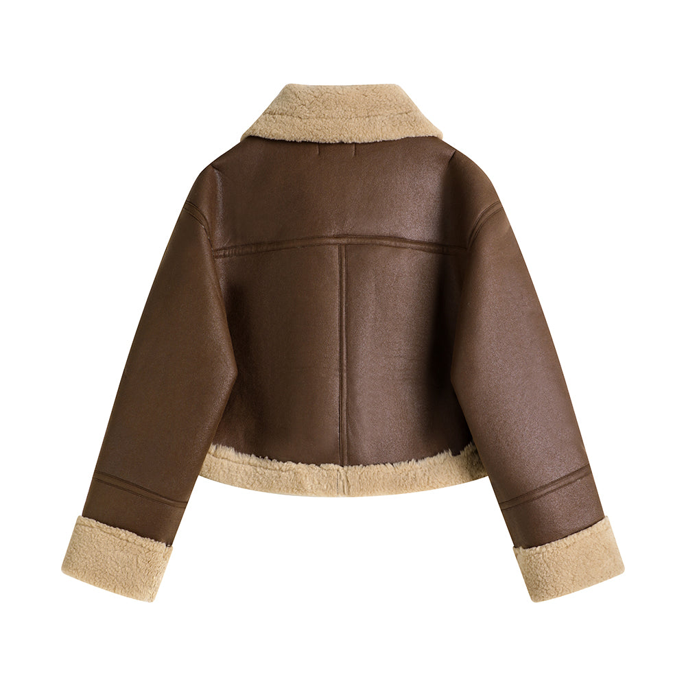 Stand Collar Integrated Lamb Fur Short Coat in Black & Coffee with Zipper Closure