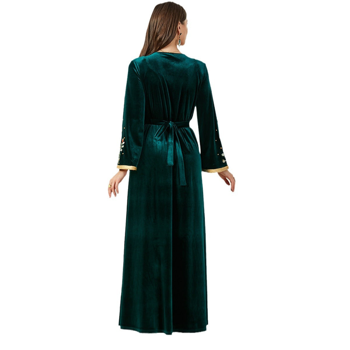 Robe brodée de perles en velours du Moyen-Orient, coloris noir, vert et violet, tailles M-XXL